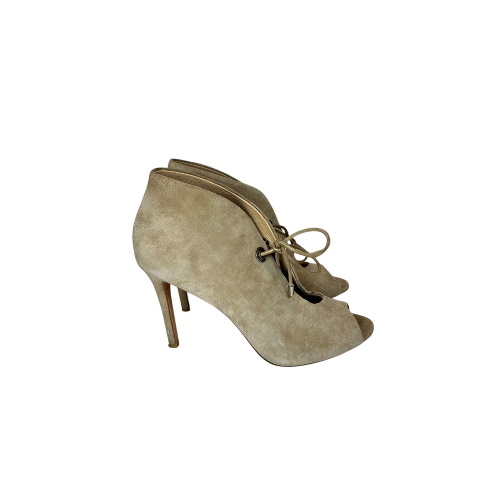 Badgley Mischka Peep Toe Booties Women 8 Taupe Suede Lace Up Stiletto Heel
